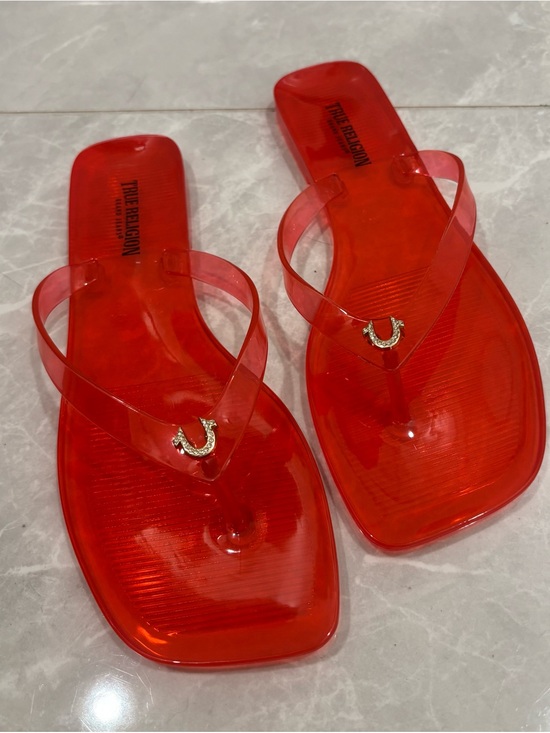 True Religion Shoes - True Religion Transparent Red Jelly Flip Flop Sandals with Gold Logo